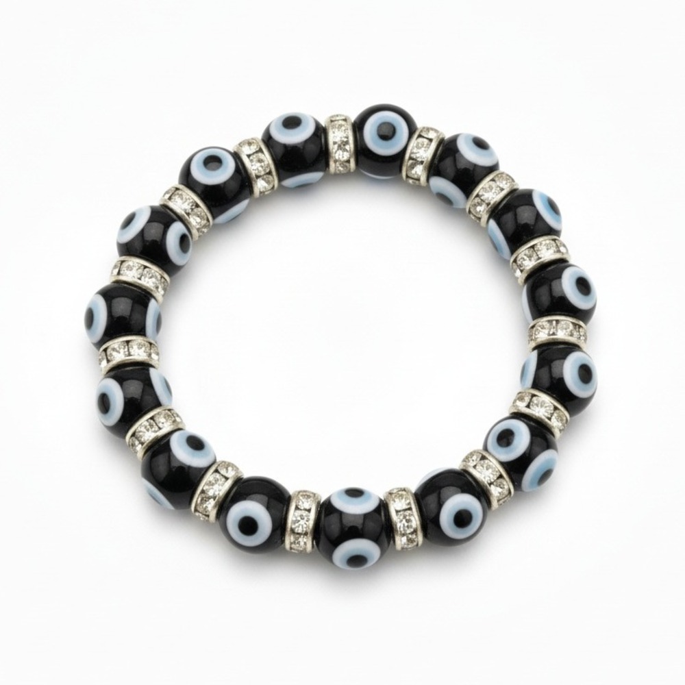 Evil Eye Beaded Stretch Bracelet Black Blue‎ White Rhinestone Charm